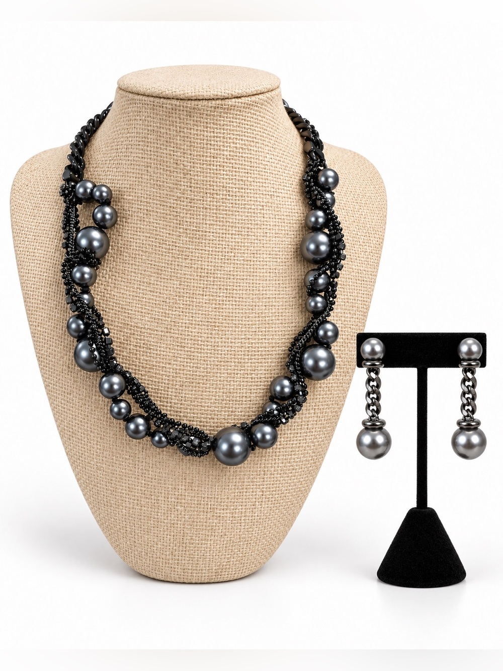 Givenchy Gunmetal Gray Faux Pearl Statement Necklace & Drop Earrings Set